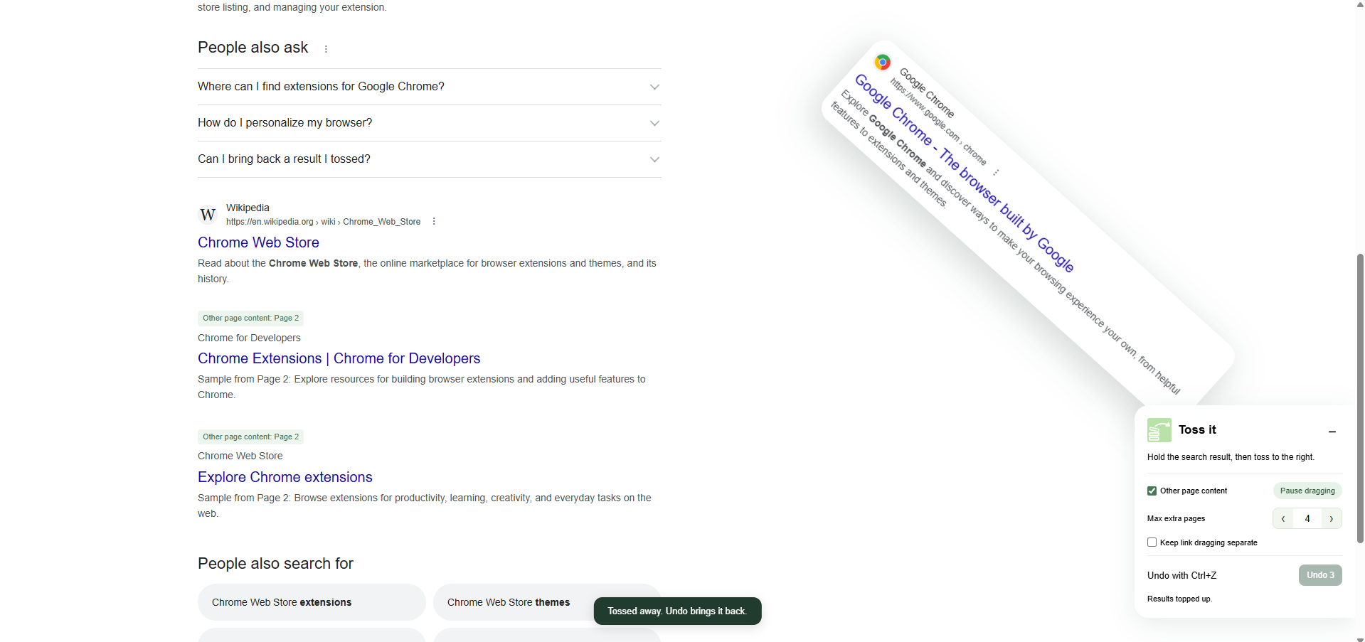 A Google Chrome search result flying to the right while Toss it controls offer Undo and page refill.